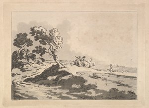 Avoin maisema, jossa kolme ratsumiestä keskimatkalla, oikealle, Windblo..., 1784-88. tekijältä Thomas Rowlandson