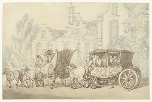 Avoin retkiauto ja vaunu lähes hollantilaisella kadulla tekijältä Thomas Rowlandson