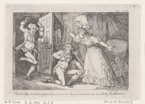 Partridge keskeyttää Tom Jonesin protesteissaan Lady Bellastonille, The History o..., 1792. tekijältä Thomas Rowlandson