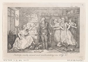 Partridgea julmasti vaimonsa syytti ja pahoinpiteli elokuvasta The History of Tom Jones, a Fo..., 1792. tekijältä Thomas Rowlandson