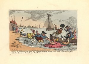 Matkustajat liukastumassa ja putoamassa joen mutaan. tekijältä Thomas Rowlandson