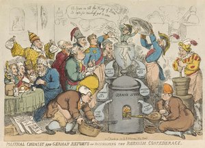 Poliittinen kemisti ja saksalaiset retortit eli Reinin konfederaation hajottaminen, pub. 1813 (käsin väritetty kaiverrus). tekijältä Thomas Rowlandson