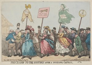Kiertueen onnistumisen jälkeen järjestetty kulkue vaalipuhujalavalle tekijältä Thomas Rowlandson