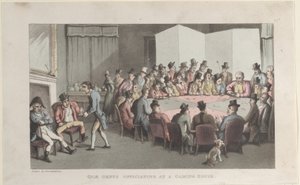 Quae-suku toimimassa pelitalossa, julkaisusta The History of Johnny Quae Gen..., 1. marraskuuta 1821. tekijältä Thomas Rowlandson