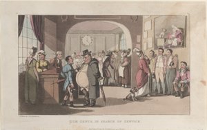 Quae-suku palvelua etsimässä, julkaisusta The History of Johnny Quae Genus, The Lit..., 1. elokuuta 1821. tekijältä Thomas Rowlandson