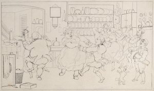 Quae-suku keittiön urheilussa, julkaisusta The History of Johnny Quoe Genus: the Littl..., 1822. tekijältä Thomas Rowlandson