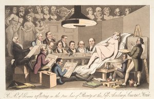 Geniusin R---A---ys pohtii kauneuden todellista linjaa Life Academyssa, Somerset Housessa, The English Spy -pubista. 1824 (käsinvärinen kaiverrus) tekijältä Thomas Rowlandson