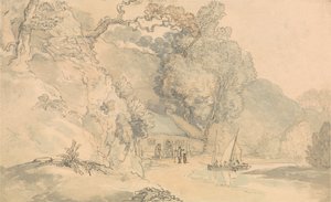 Jokimaisema, jossa on pieniä veneitä tekijältä Thomas Rowlandson