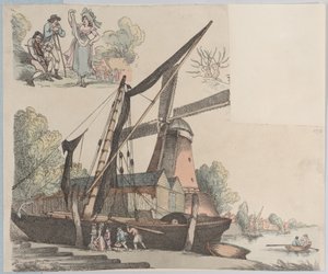 Jokikohtaus tuulimyllyllä levyltä 9, Figuurien ääriviivat, maisemat ja C..., 20. tammikuuta 1791. tekijältä Thomas Rowlandson