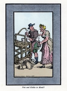 Roaming ja asiakasuudelleentamerointi, joka näyttää potin pohjan. Hän lyö metalliruukkua vasaralla kannettavalla penkillä. Puukaiverrus, joka perustuu Thomas Rowlandsonin (1756-1827) maalaukseen, julkaistu Lontoon kriisissä: kuusi viehättävää lasta ja lähe tekijältä Thomas Rowlandson