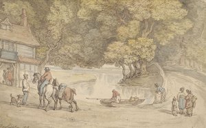Maalaismaisema, jossa on joki ja silta tekijältä Thomas Rowlandson