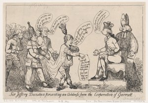 Sir Jeffery Dunstan lukee Garrattin kaupunginvaltuuston tervehdyksen tekijältä Thomas Rowlandson