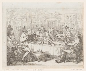 Sir Joseph Banks aikeissa syödä alligaattoria "The Fish Supper", 1788 tai myöhemmin, 1788 tai myöhemmin. tekijältä Thomas Rowlandson