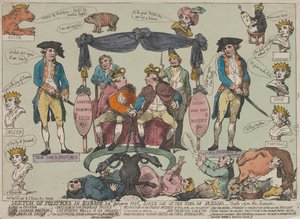 Katsaus Euroopan politiikkaan, 24. tammikuuta 1786 – Preussin kuninkaan syntymäpäivä--- tekijältä Thomas Rowlandson