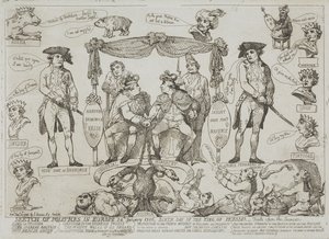 Katsaus Euroopan politiikkaan, 24. tammikuuta 1786 – Preussin kuninkaan syntymäpäivä tekijältä Thomas Rowlandson