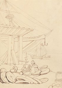 Piirros naisesta ja lapsista, jotka istuvat lastauslaiturilla tekijältä Thomas Rowlandson