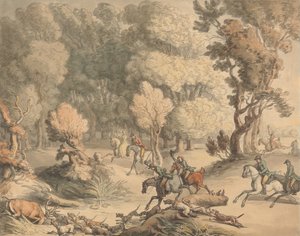 Stag at Bay – kohtaus lähellä Taplowia, Berks, n. 1795-1801 (kynä, muste, akvarelli, jossa on hieman vartaloväriä paperilla) tekijältä Thomas Rowlandson