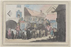 Lavavalmentaja ja ratsastajat majatalon pihalla, valmistautuvat lähtöön, 1789-95, 1789-95. tekijältä Thomas Rowlandson