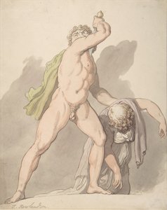 Seisova alaston mies tukemassa pyörtyvää Ludovisi-Galliaa Uffizissa, 1780-1827. tekijältä Thomas Rowlandson