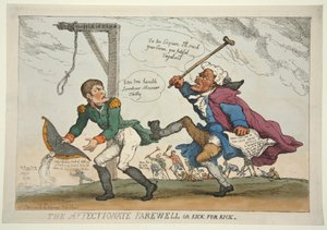 The Affectionate Farewell tai Kick for Kick, pubi. 1814 (käsinvärinen kaiverrus) tekijältä Thomas Rowlandson