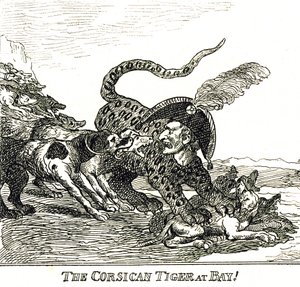 Kuori korsikan tiikeri (Napoleon Bonaparte), karikatyyri 1808 tekijältä Thomas Rowlandson