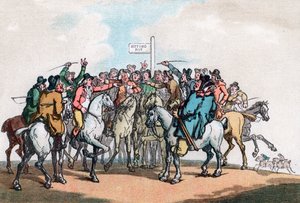 Vedonlyöntipostaus, Ketujen metsästyksen huumoria, 1799. tekijältä Thomas Rowlandson