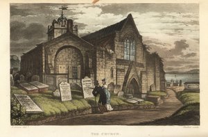 Kirkko: vanhat turistit, jotka lukevat hautakiviä goottilaisen kirkon pihalla. Käsinvärinen kuparikaiverrus Thomas Rowlandson, akvatinta J.C. Stadler, J. Greenin luonnoksen perusteella teoksesta Poetical Sketches of Scarborough, Ackermann, Lontoo tekijältä Thomas Rowlandson