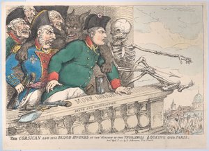 Korsikalainen ja hänen verikoiransa Thuilleriesin ikkunassa katselemassa P...:n yli, 16. huhtikuuta 1815. tekijältä Thomas Rowlandson