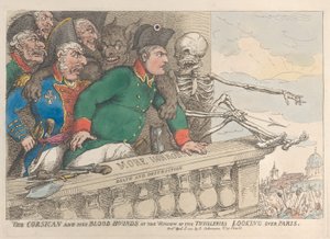 Korsikalainen ja hänen verikoiransa Thuillerien ikkunassa katselemassa P...:n yli, 16. huhtikuuta 1815. tekijältä Thomas Rowlandson