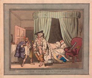 Tohtori kutsui tai väärä hälytys, pubi. 1786 (käsinvärinen kaiverrus) tekijältä Thomas Rowlandson