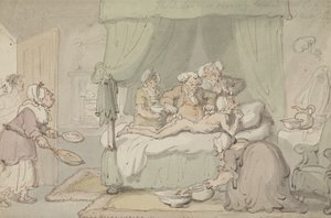 "Tohtori on niin pahasti mustelmilla, että kuppaus katsotaan tarpeelliseksi", n. 1810 (akvarelli kynällä ja musteella paperille) tekijältä Thomas Rowlandson