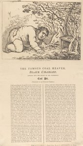 Kuuluisa musta hiilenkantaja, Black Charley, katselee upean hiilikaivoksen suuaukkoon tekijältä Thomas Rowlandson