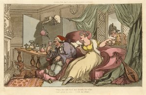 The Honeymoon, The English Dance of Death -pubista. 1816 (käsinvärinen kaiverrus) tekijältä Thomas Rowlandson