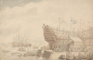 H.M.S. ”Hibernia” -aluksen vesillelasku vuonna 1804 tekijältä Thomas Rowlandson