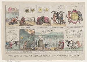 Ketun ja mäyrän rakkaudet tai Koalition häät. , 7. tammikuuta 1784, 7. tammikuuta 1784. tekijältä Thomas Rowlandson