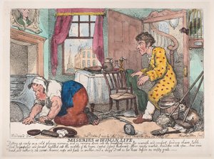 Ihmiselämän kurjuudet: Varhain nouseminen kylmänä synkänä aamuna...ennen..., 9. lokakuuta 1807. tekijältä Thomas Rowlandson