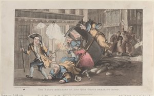 The Party Breaking Up ja Quae Genus Breaking Down, teoksesta The History of John..., 1. joulukuuta 1821. tekijältä Thomas Rowlandson