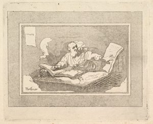 Filosofi parrakas vanha mies kopioi kirjaa, 1783-87. tekijältä Thomas Rowlandson