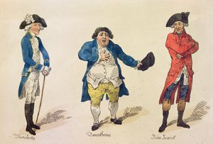 Kilpailevat ehdokkaat, etukappale kirjassa History of the Westminster Election.., kirjoittaja Lovers of Truth and Justice, Lontoo, 1784 (värietsaus) tekijältä Thomas Rowlandson