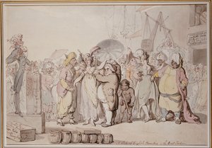 Englantilaisten kaunokaisten myynti Itä-Intiassa, n. 1810 tekijältä Thomas Rowlandson