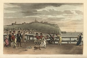 Kylpyläterassi: turistit kävelylle tuulisena päivänä Cliff Terracella. Käsinvärinen kuparikaiverrus Thomas Rowlandson, akvatinta J. C. Stadler, J. Greenin luonnoksen perusteella teoksesta Poetical Sketches of Scarborough, Ackermann, Lontoo tekijältä Thomas Rowlandson