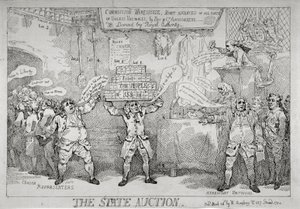 "Valtion huutokauppa", 1784 tekijältä Thomas Rowlandson