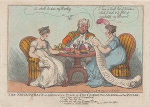 Gloucester Placen triumviraatti tai The Clarke, The Soldier ja The Taylor, 1809, 1809. tekijältä Thomas Rowlandson