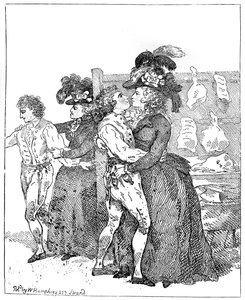 Kaksi isänmaallista herttuattaretta kankaallaan pyytäen ennakkoäänestystä, 1784. tekijältä Thomas Rowlandson