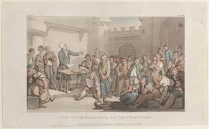 Kirkkoherra saarnaa vangeille, julkaisusta The Vicar of Wakefield, 1. toukokuuta 1817, 1. toukokuuta 1817. tekijältä Thomas Rowlandson