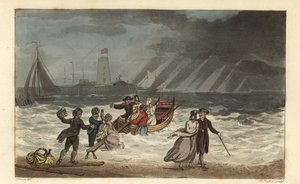 Vesijuhlat: turistit jättävät merimatkan huonon sään vuoksi. Käsinvärinen kuparikaiverrus Thomas Rowlandson, akvatinta J.C. Stadler, J. Greenin luonnoksen perusteella teoksesta Poetical Sketches of Scarborough, Ackermann, Lontoo tekijältä Thomas Rowlandson