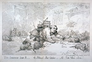 Luopio Jack R - poliittinen rotanpyytäjä - HUOM. Rotat otettu elävinä!", 1784. tekijältä Thomas Rowlandson