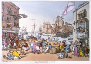 Portsmouthin alue, tämän englantilaisen sataman toimintaa kuvaava sarjakuvaus tekijältä Thomas Rowlandson