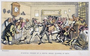 Lääkäri bistrossa, jossa puhkeaa tappelu - "" Doctor Syntaxin kolmella kiertueella: viehättävää lohtua ja vaimoa etsimässä" William Combe, ill. Rowlandson tekijältä Thomas Rowlandson