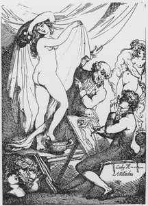 Tuleva Lady Hamilton poseeraa terveyden jumalatar Hygeiana tohtori James Grahamin Aesculapiuksen temppelissä. tekijältä Thomas Rowlandson